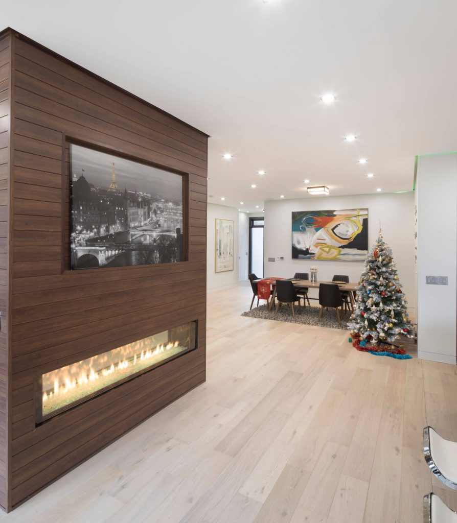 custom-hallway-with-build-in-fireplace-and-potlights-interior-designers-toronto