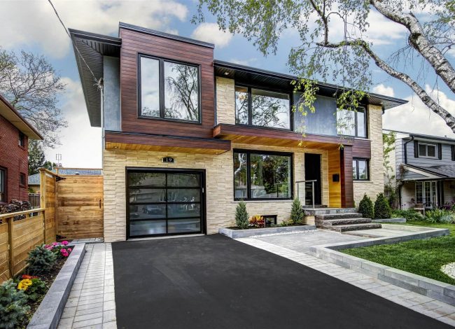 Modern Home with Stone Siding and Wooden Exterior Trim - Home Renovations Toronto