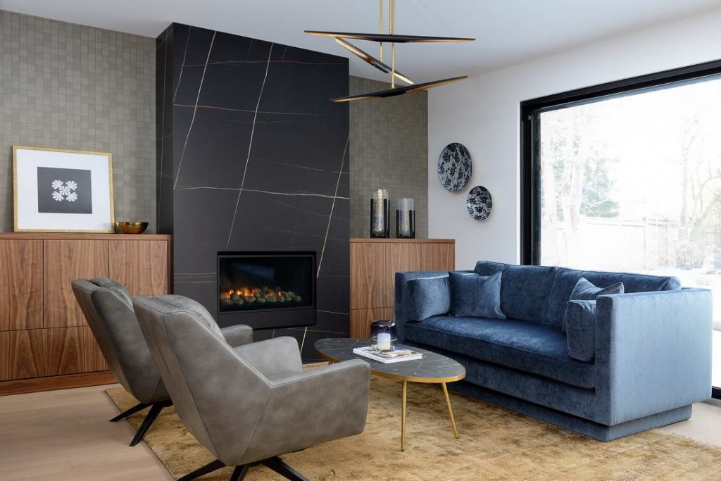 modern living room with custom cabinets - custom home builder